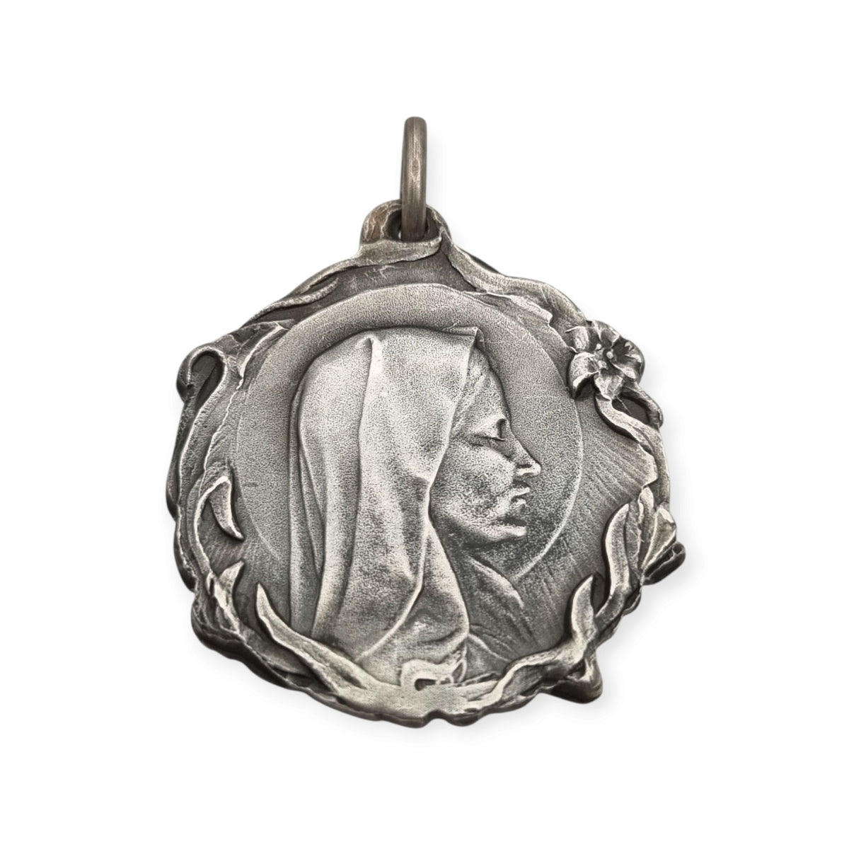 Antique Modernist Silver Madonna Medal, Art Nouveau Religious Jewelry, Spain, c. 1920