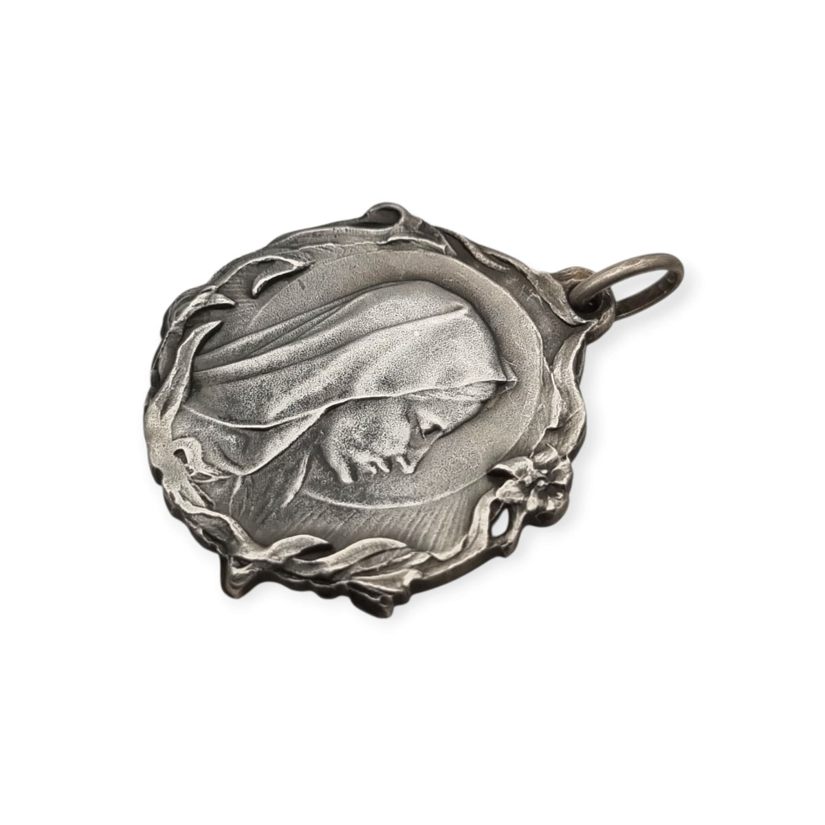 Antique Modernist Silver Madonna Medal, Art Nouveau Religious Jewelry, Spain, c. 1920