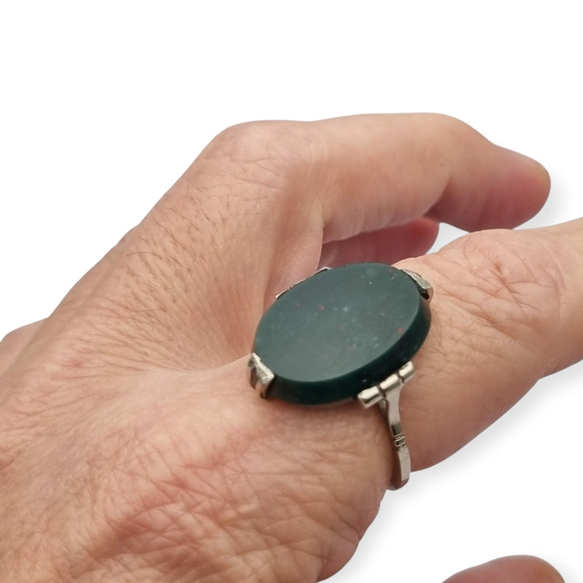 Vintage silver ring with bloodstone, Art Deco revival design, circa 1950