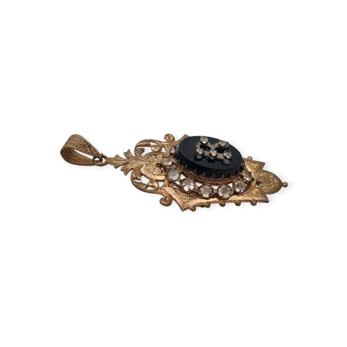 Antique Victorian mourning locket and sentimental jewelry with onyx and rhinestones, Spain, ca. 1890–1920