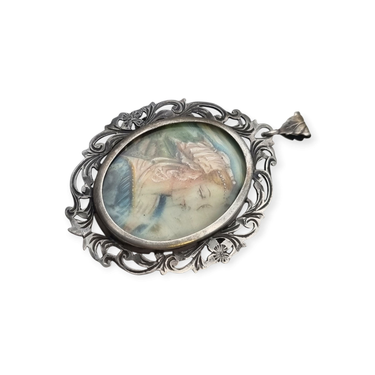 Broche colgante Art Nouveau de plata 800 con miniatura de dama y marco floral, Europa, ca. 1900–1930