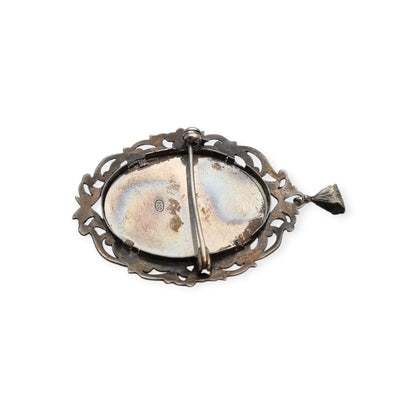 Broche colgante Art Nouveau de plata 800 con miniatura de dama y marco floral, Europa, ca. 1900–1930