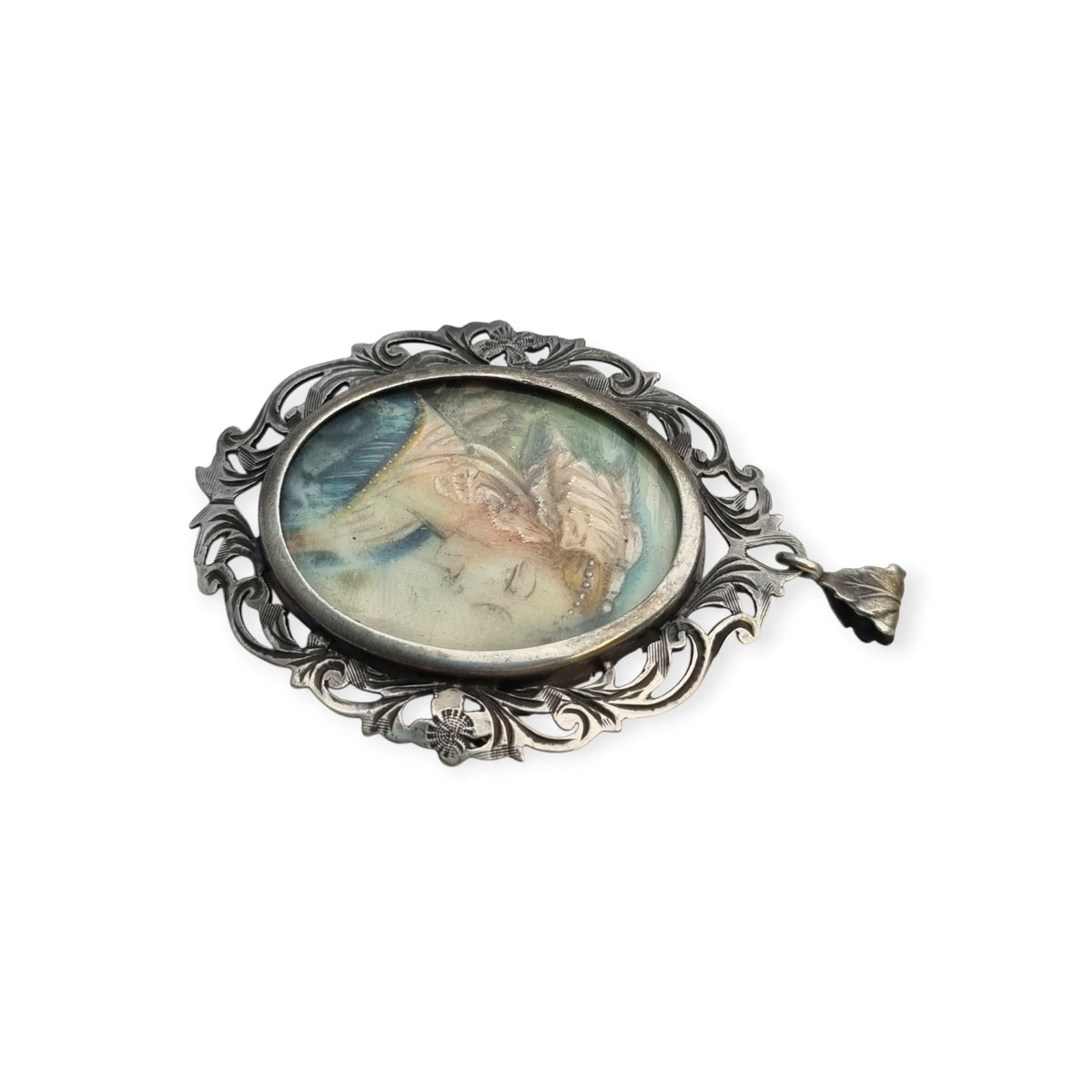 Broche colgante Art Nouveau de plata 800 con miniatura de dama y marco floral, Europa, ca. 1900–1930