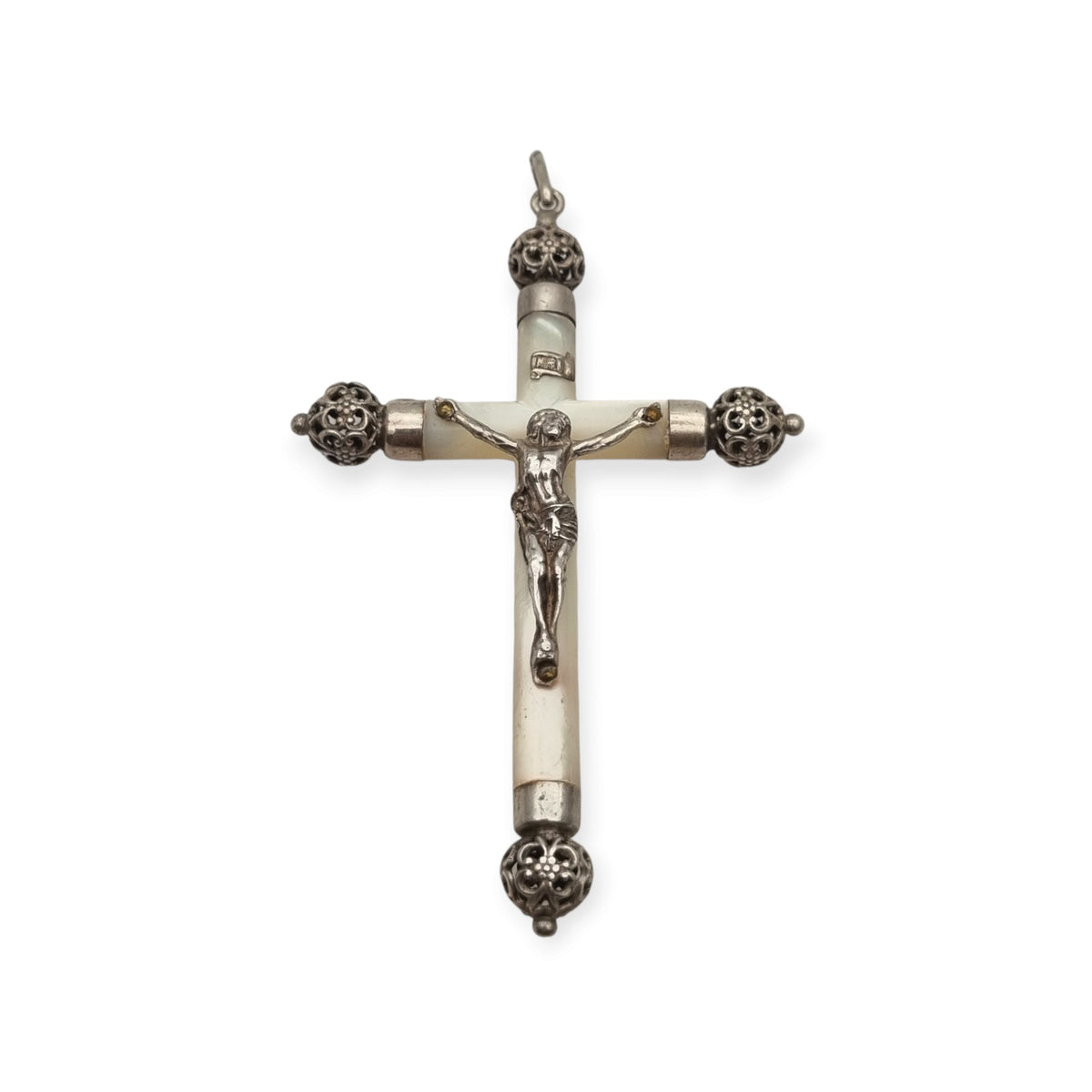 Antique silver and mother-of-pearl hanging crucifix, openwork finials of Neo-Gothic inspiration, Europe, ca. 1900–1930