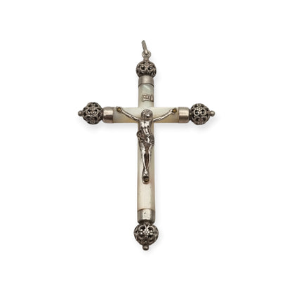 Antique silver and mother-of-pearl hanging crucifix, openwork finials of Neo-Gothic inspiration, Europe, ca. 1900–1930
