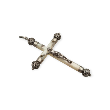 Antique silver and mother-of-pearl hanging crucifix, openwork finials of Neo-Gothic inspiration, Europe, ca. 1900–1930