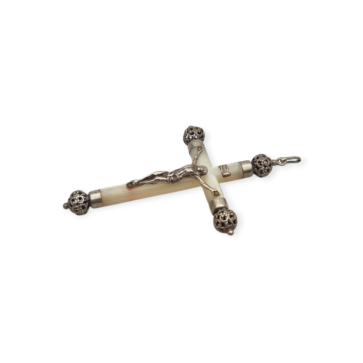 Antique silver and mother-of-pearl hanging crucifix, openwork finials of Neo-Gothic inspiration, Europe, ca. 1900–1930