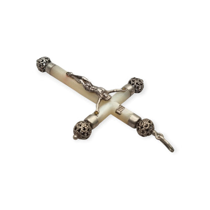 Antique silver and mother-of-pearl hanging crucifix, openwork finials of Neo-Gothic inspiration, Europe, ca. 1900–1930