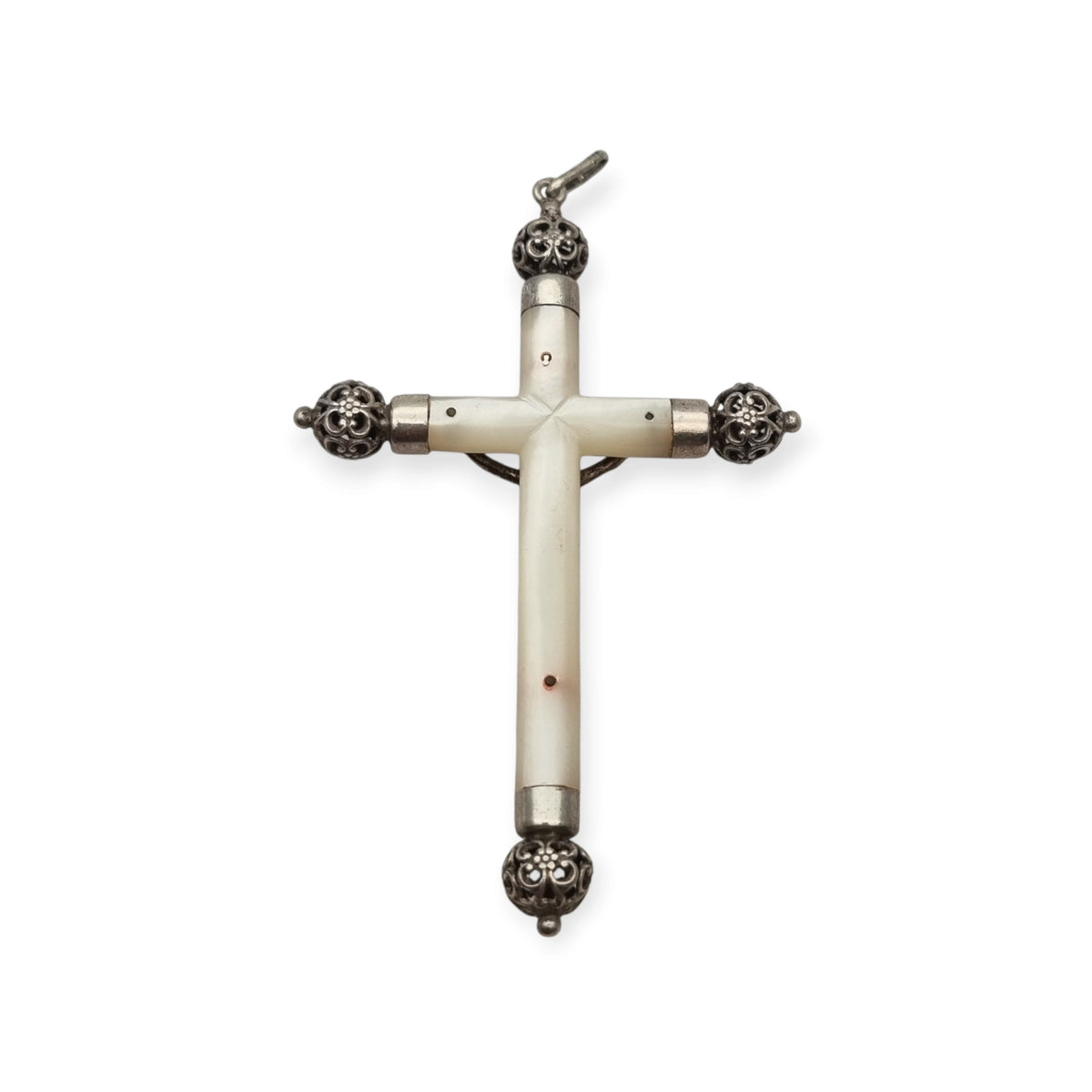 Antique silver and mother-of-pearl hanging crucifix, openwork finials of Neo-Gothic inspiration, Europe, ca. 1900–1930