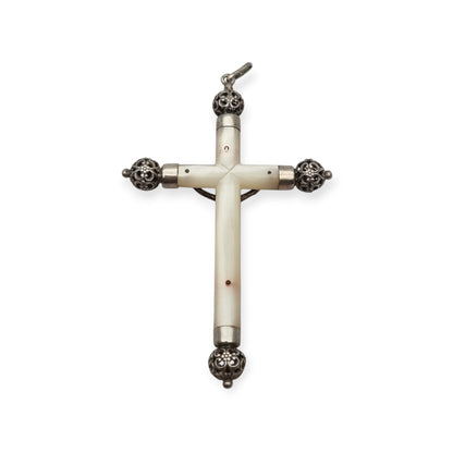 Antique silver and mother-of-pearl hanging crucifix, openwork finials of Neo-Gothic inspiration, Europe, ca. 1900–1930
