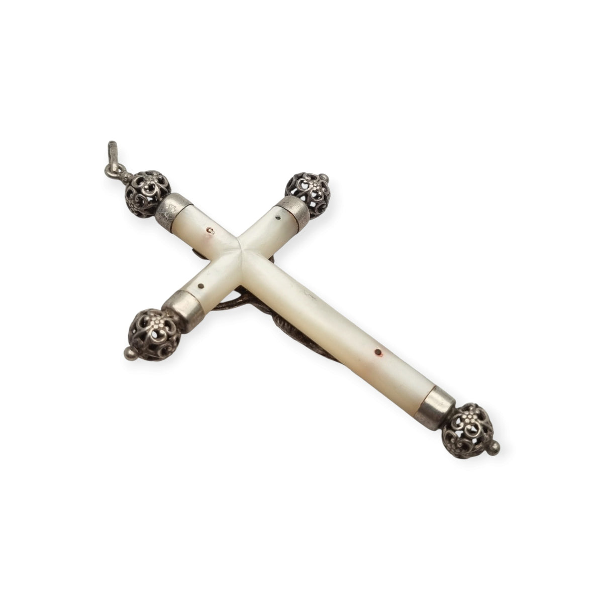 Antique silver and mother-of-pearl hanging crucifix, openwork finials of Neo-Gothic inspiration, Europe, ca. 1900–1930