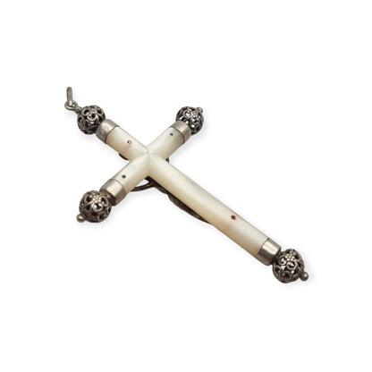 Antique silver and mother-of-pearl hanging crucifix, openwork finials of Neo-Gothic inspiration, Europe, ca. 1900–1930