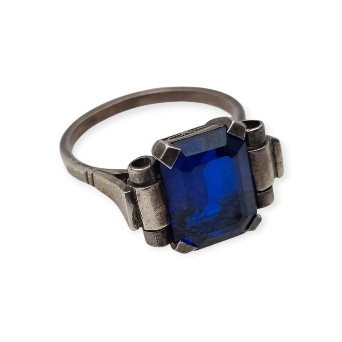 Vintage Art Deco silver ring with a faceted blue stone, Europe, ca. 1930–1940