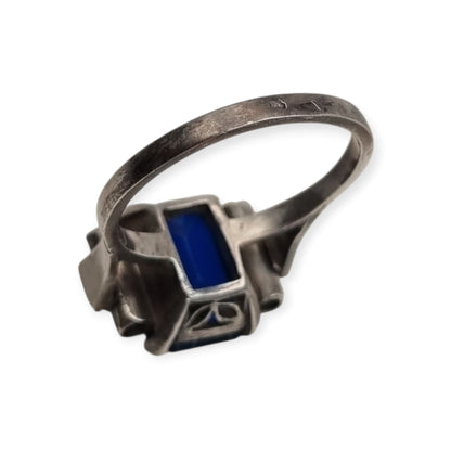 Vintage Art Deco silver ring with a faceted blue stone, Europe, ca. 1930–1940