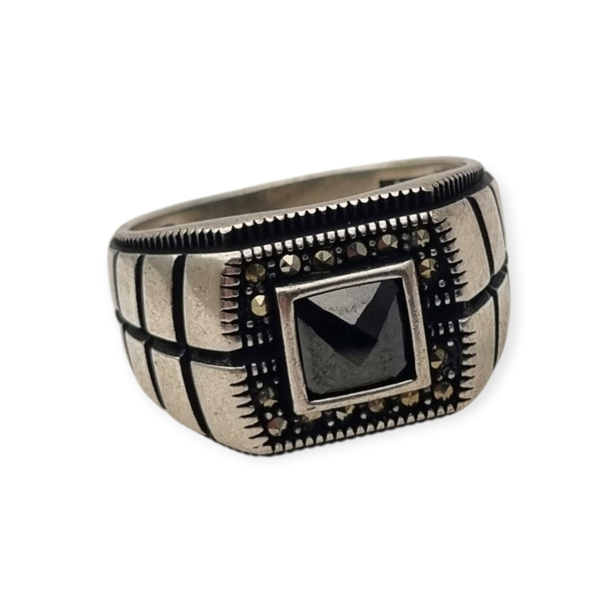 Anillo vintage para hombre de plata 925 con ónix y marcasitas, ca. 1990–2000
