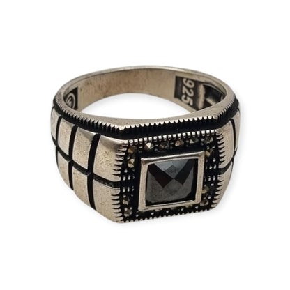Anillo vintage para hombre de plata 925 con ónix y marcasitas, ca. 1990–2000