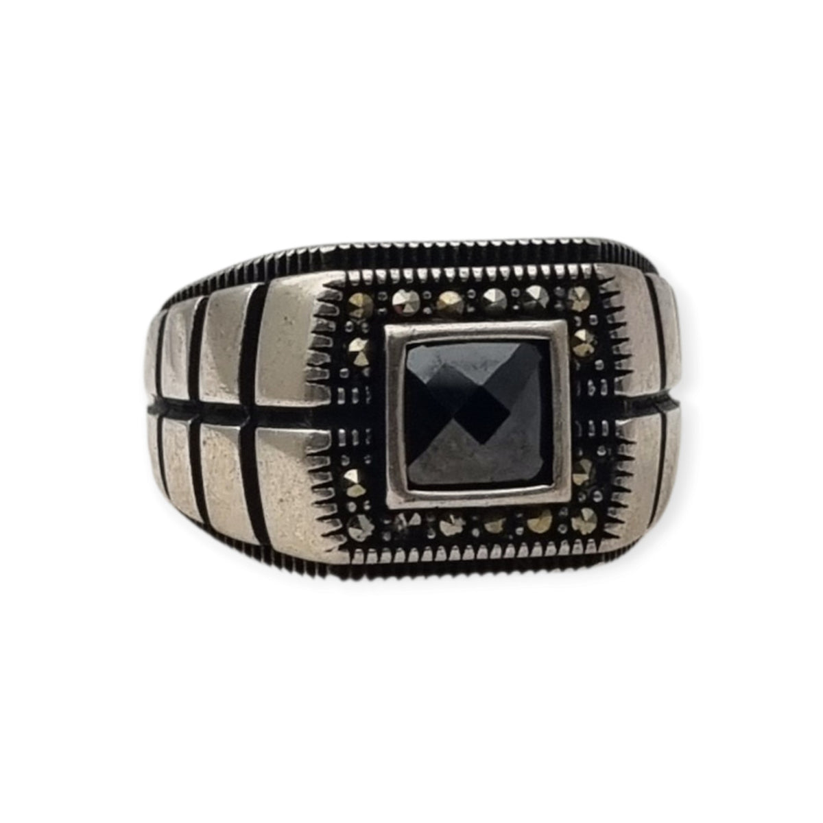 Anillo vintage para hombre de plata 925 con ónix y marcasitas, ca. 1990–2000