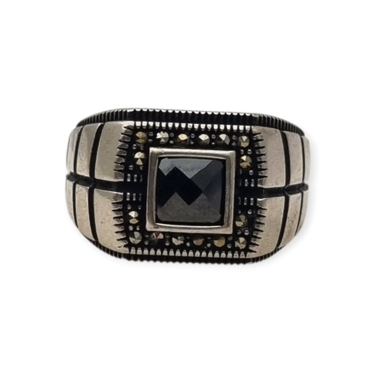 Anillo vintage para hombre de plata 925 con ónix y marcasitas, ca. 1990–2000