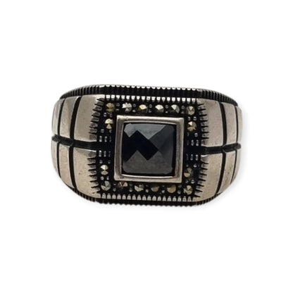 Anillo vintage para hombre de plata 925 con ónix y marcasitas, ca. 1990–2000