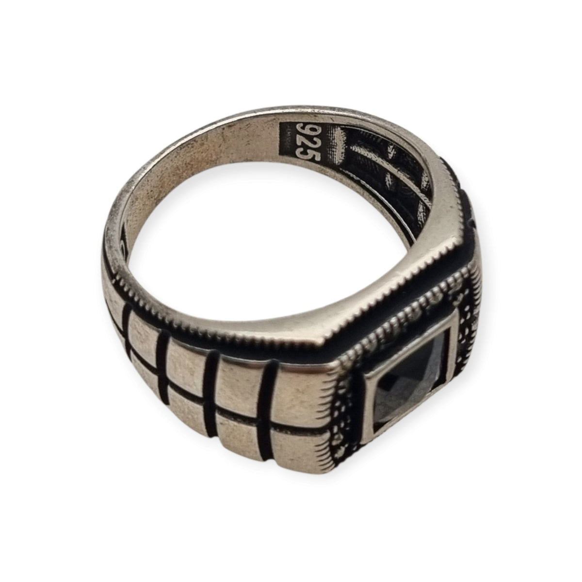 Anillo vintage para hombre de plata 925 con ónix y marcasitas, ca. 1990–2000