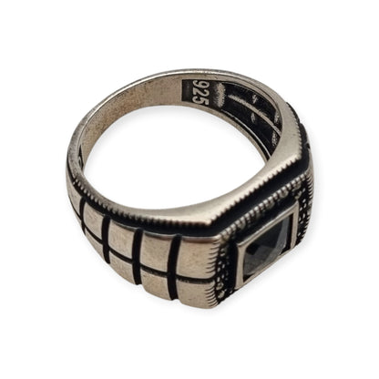 Anillo vintage para hombre de plata 925 con ónix y marcasitas, ca. 1990–2000