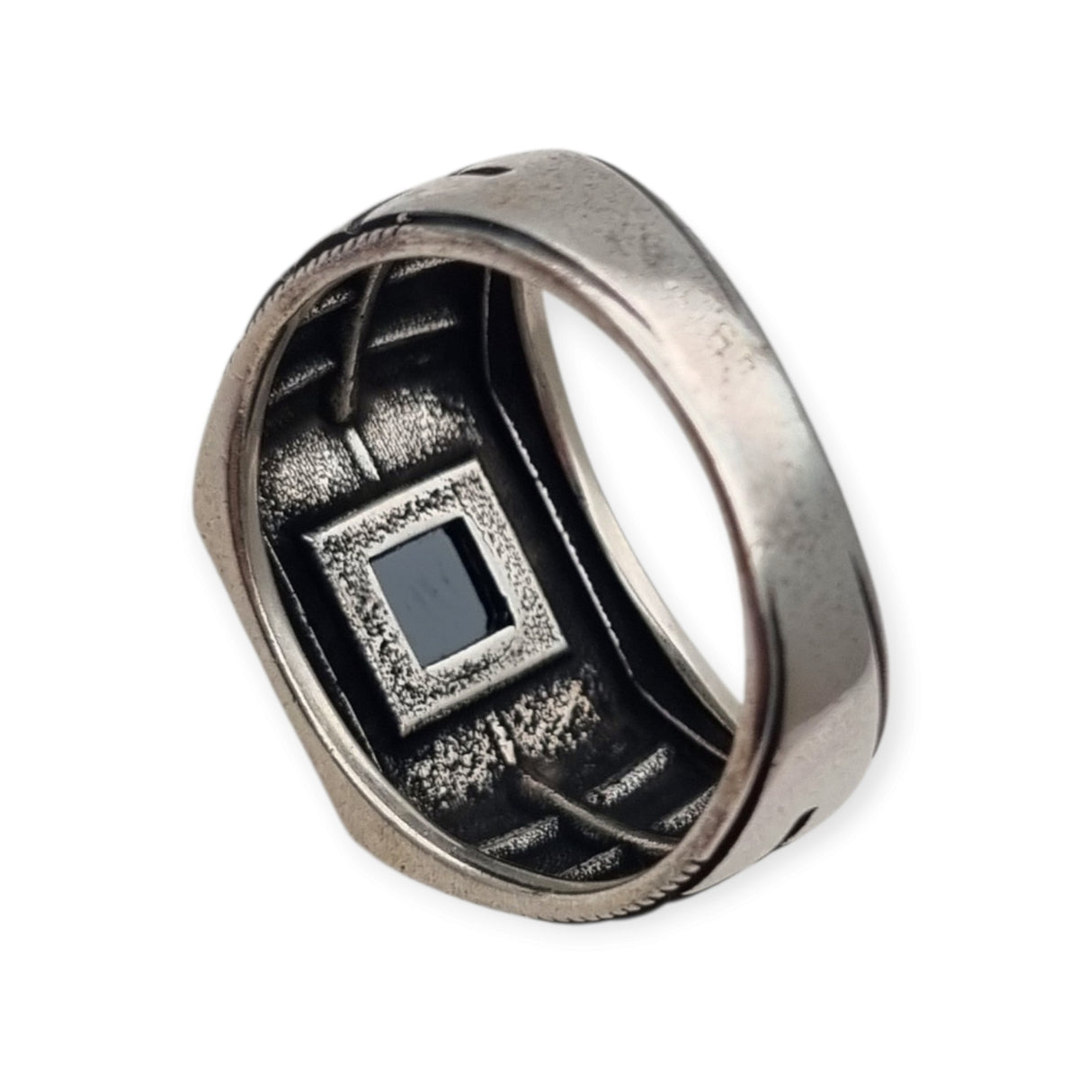 Anillo vintage para hombre de plata 925 con ónix y marcasitas, ca. 1990–2000