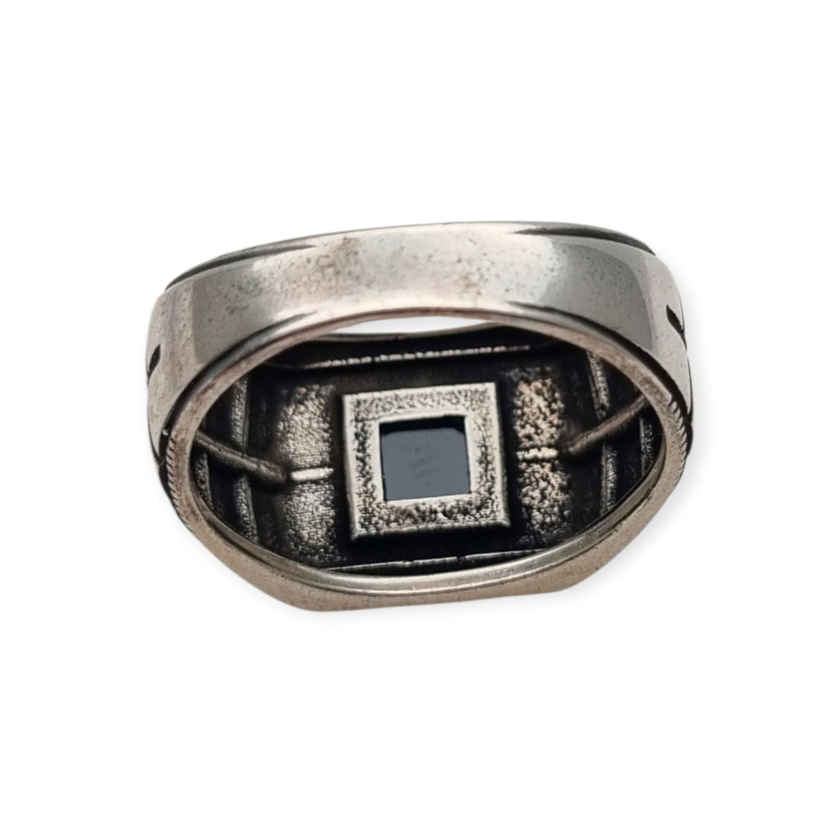 Anillo vintage para hombre de plata 925 con ónix y marcasitas, ca. 1990–2000