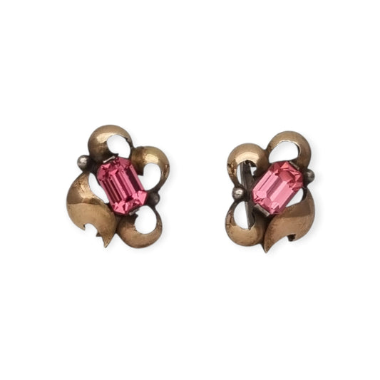 Antique Catalan Art Deco silver earrings with gold overlays and pink gemstones, ca. 1940