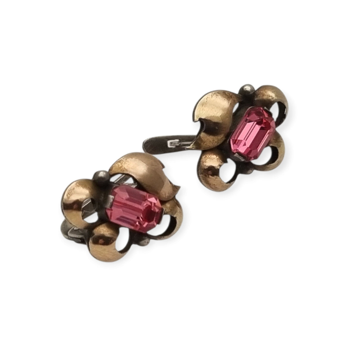 Pendientes antiguos Art Déco catalán de plata con vistas de oro y pedrería rosa, ca. 1940