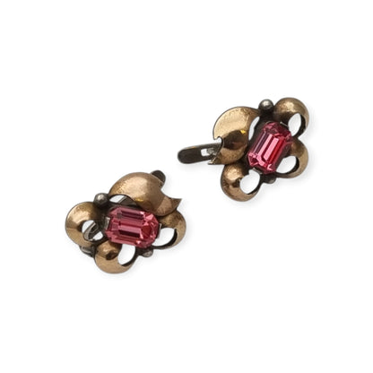 Pendientes antiguos Art Déco catalán de plata con vistas de oro y pedrería rosa, ca. 1940