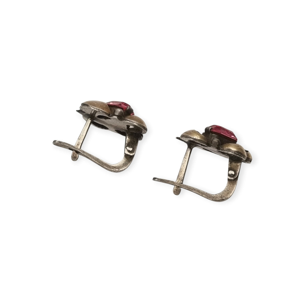 Pendientes antiguos Art Déco catalán de plata con vistas de oro y pedrería rosa, ca. 1940