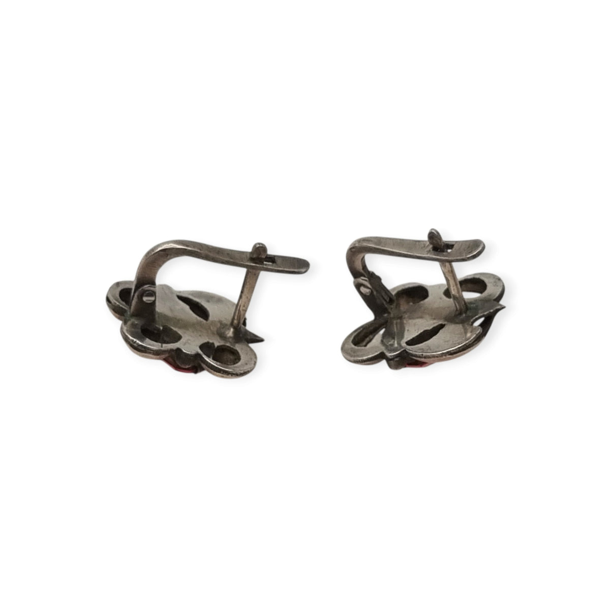 Pendientes antiguos Art Déco catalán de plata con vistas de oro y pedrería rosa, ca. 1940