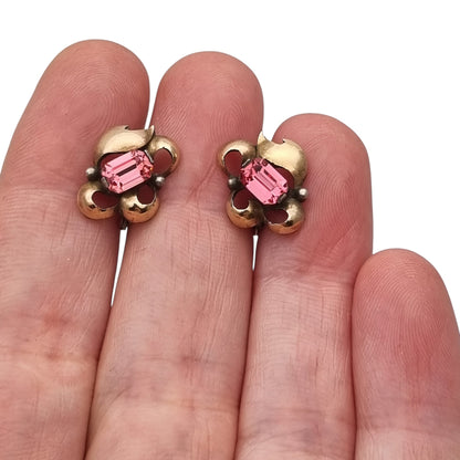 Pendientes antiguos Art Déco catalán de plata con vistas de oro y pedrería rosa, ca. 1940