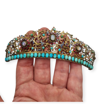 Austro-Hungarian Victorian tiara in gilded silver with turquoise, garnets, and moonstone, late Romantic, c. 1880–1900