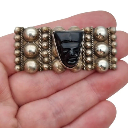 Vintage Made in Mexico broche con cara tallada en obsidiana Plata 925 Azteca