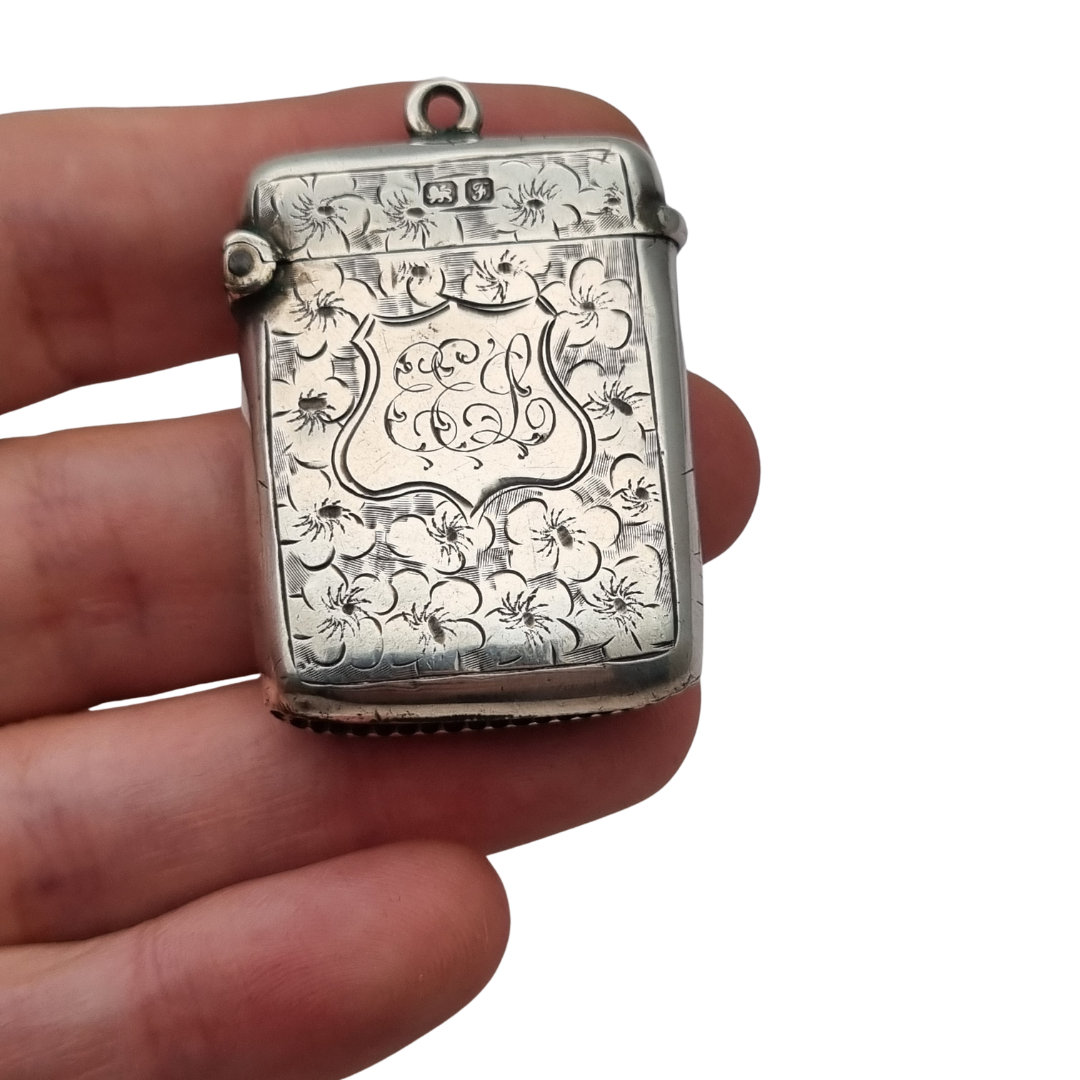 Caja de cerillas floral de plata eduardiana para chatelain, Birmingham Smith & Bartlam, c.1910