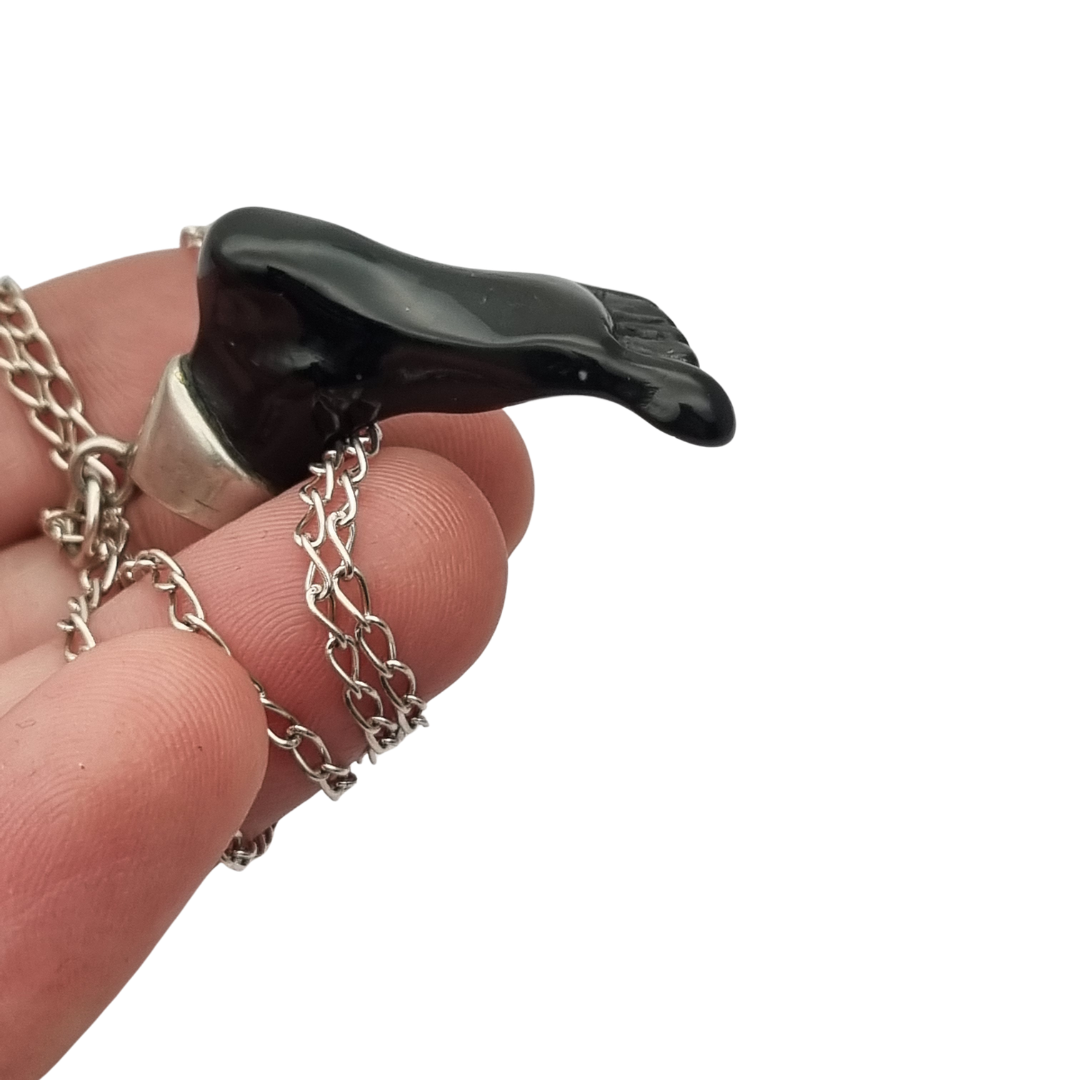 Obsidian amulet pendant, black foot with 800 silver, Europe circa 1970