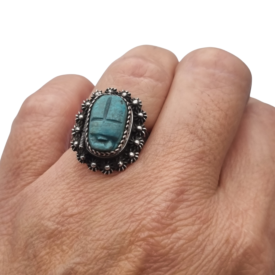 Egyptian poison or locket ring in silver with turquoise scarab, circa 1960