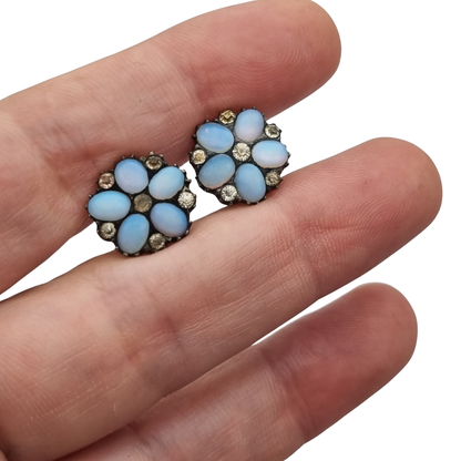 Edwardian silver shirt studs with opalescent glass and rhinestone, circa 1900