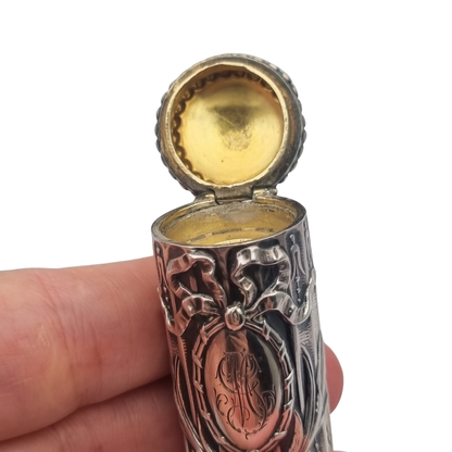 Antique Louis XVI Revival silver perfume bottle with monogram and stopper