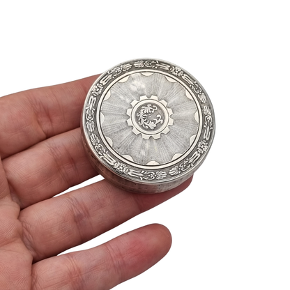 Antique round guilloche silver box with gilt interior, France, Neoclassical style, circa 1880