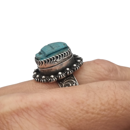 Egyptian poison or locket ring in silver with turquoise scarab, circa 1960