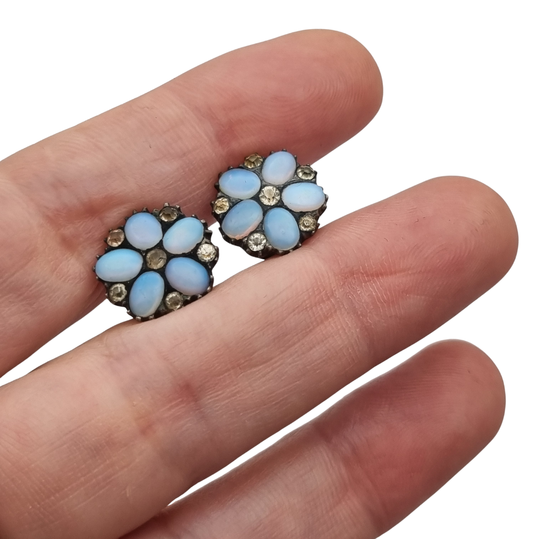 Edwardian silver shirt studs with opalescent glass and rhinestone, circa 1900