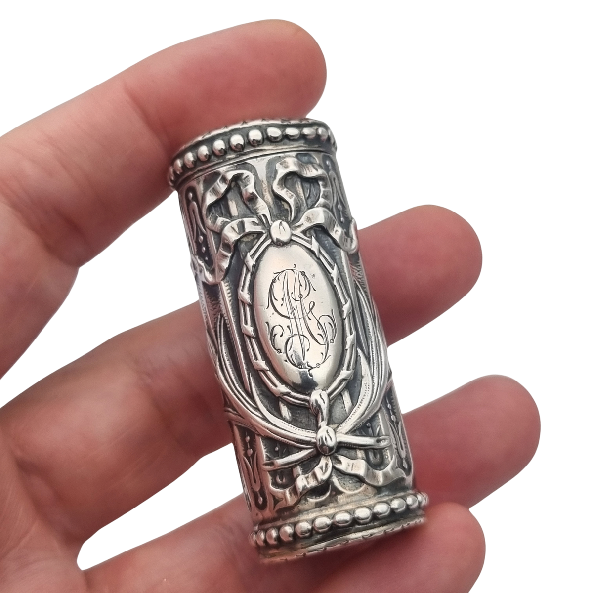 Antique Louis XVI Revival silver perfume bottle with monogram and stopper