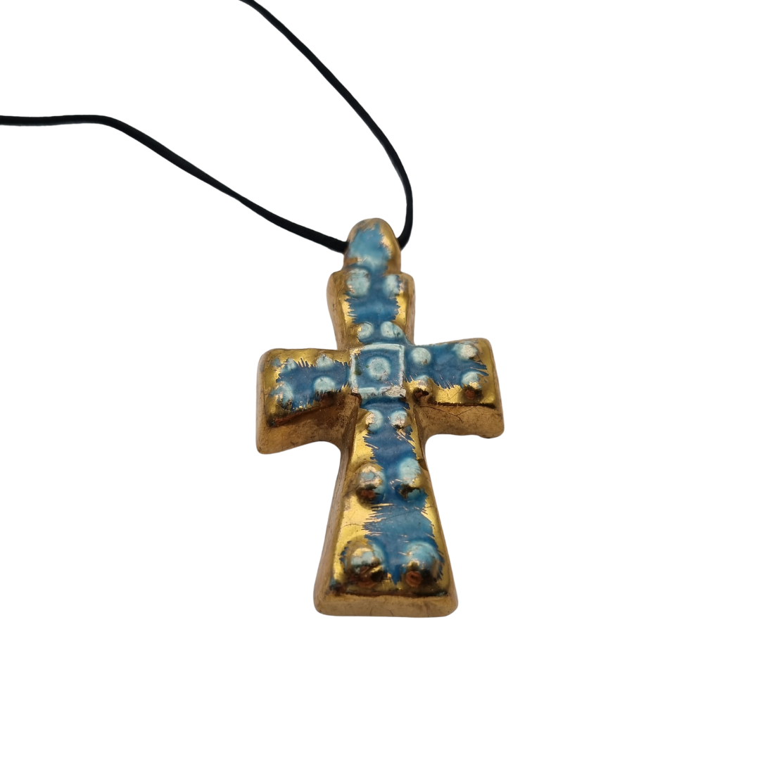 French enamelled ceramic hanging cross blue gold handmade circa 1960