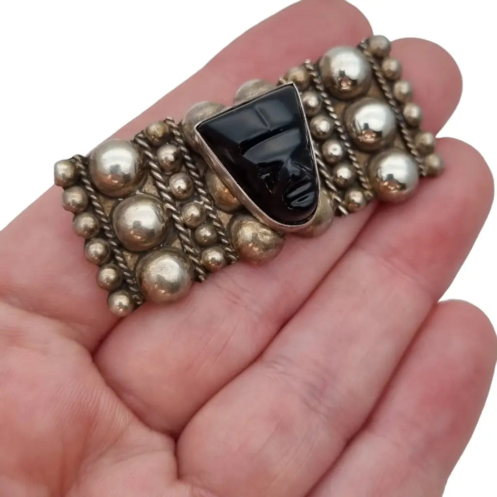 Vintage Made in Mexico broche con cara tallada en obsidiana Plata 925 Azteca