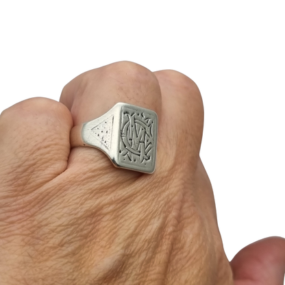 Antique Art Deco Silver Signet Ring with Engraved Monogram Geometric Design Circa 1940