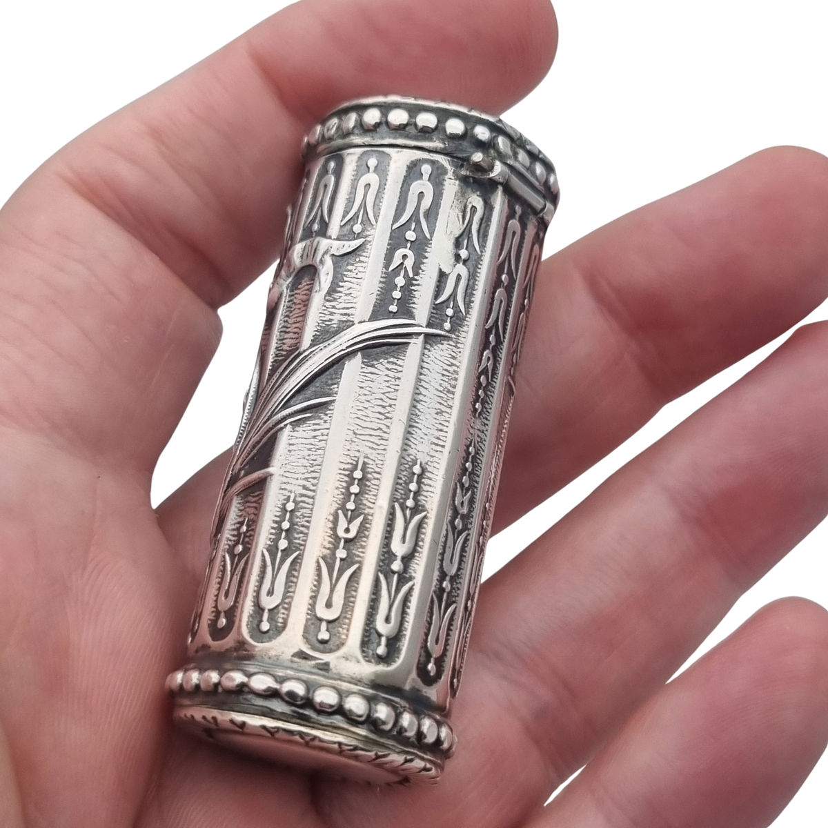 Antique Louis XVI Revival silver perfume bottle with monogram and stopper
