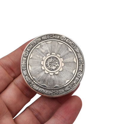 Antique round guilloche silver box with gilt interior, France, Neoclassical style, circa 1880