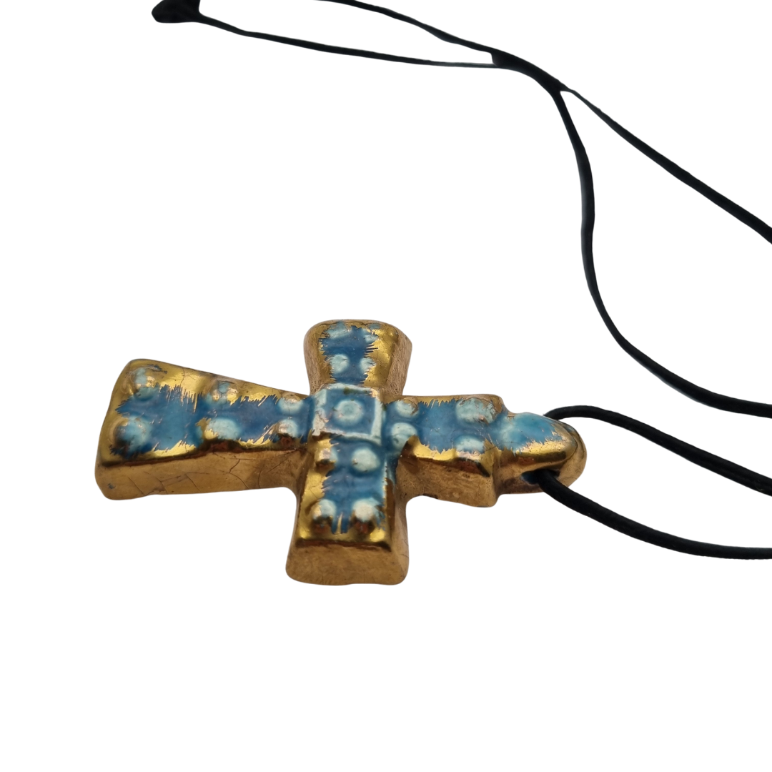 French enamelled ceramic hanging cross blue gold handmade circa 1960